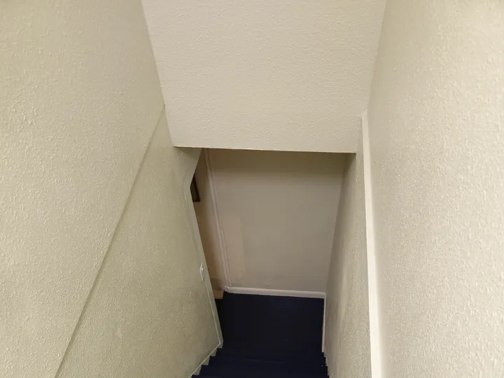Narrow stair run with dark treads, light risers, and light walls.