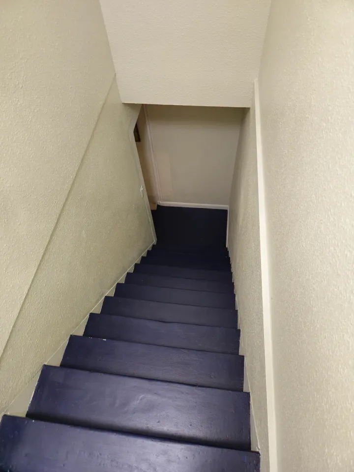 Narrow stair run with dark treads, light risers, and light walls.